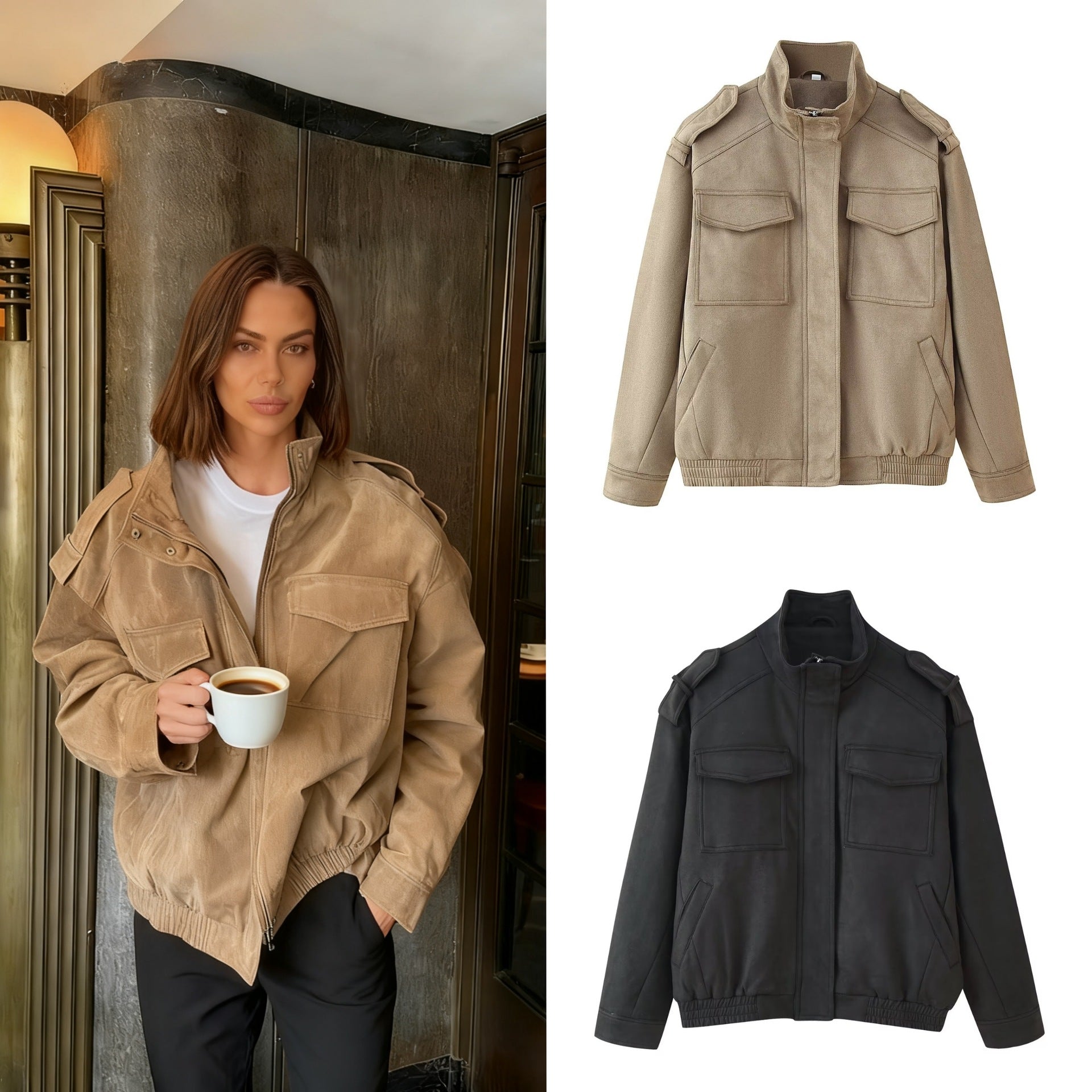 Ladies Utility Bomber Jacket with Epaulettes, Stand-Up Collar and Patch Pockets Chichicherry