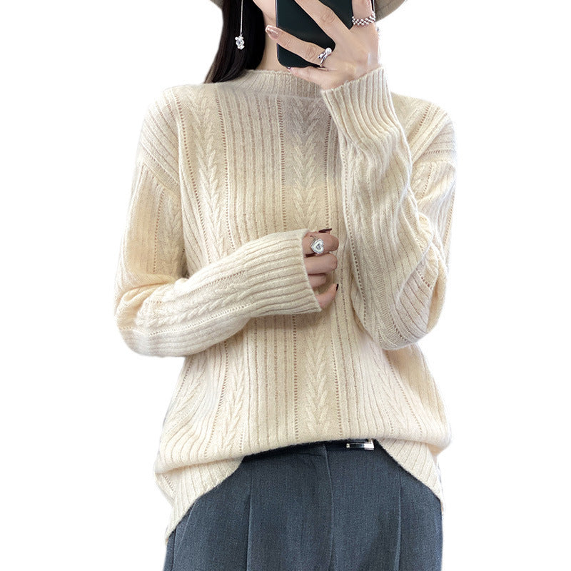 Women Cashmere-like Fine Knit Mock Neck Sweater with Openwork Cable Pattern and Casual Oversized Fit Chichicherry