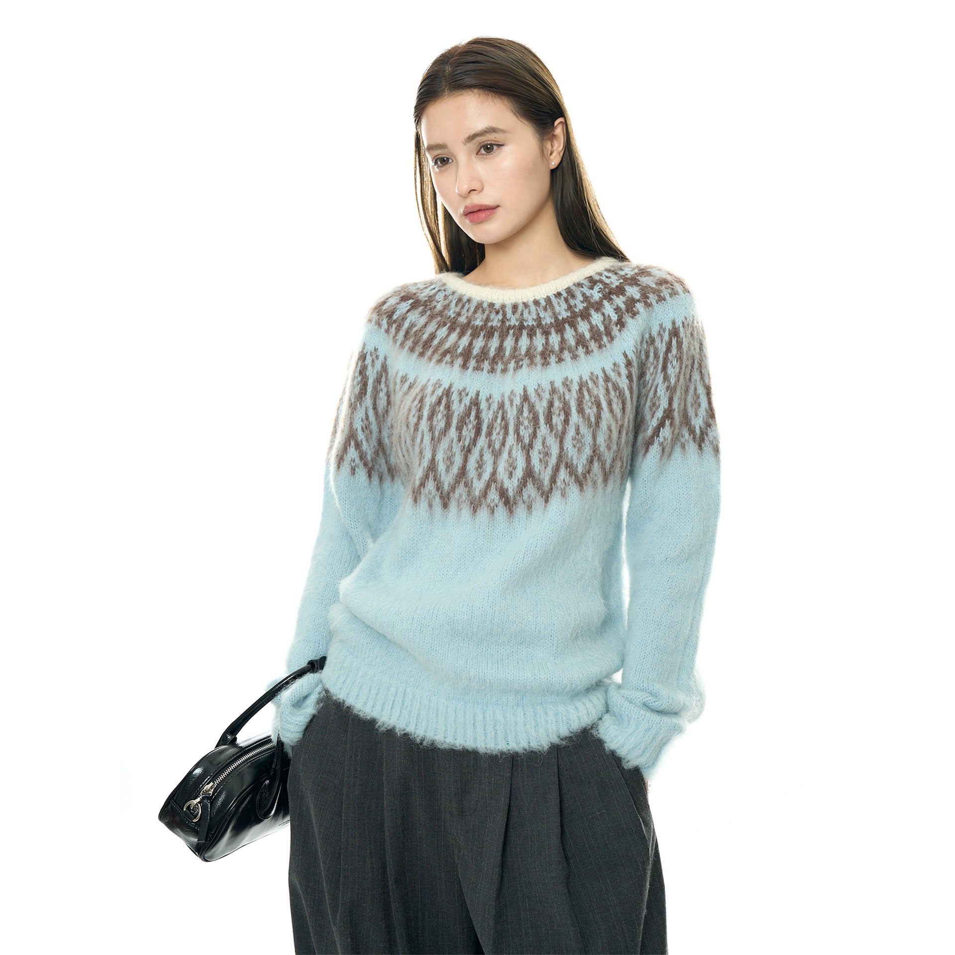 Ladies Round Neck Sweater with Norwegian Jacquard and Mohair Look Chichicherry