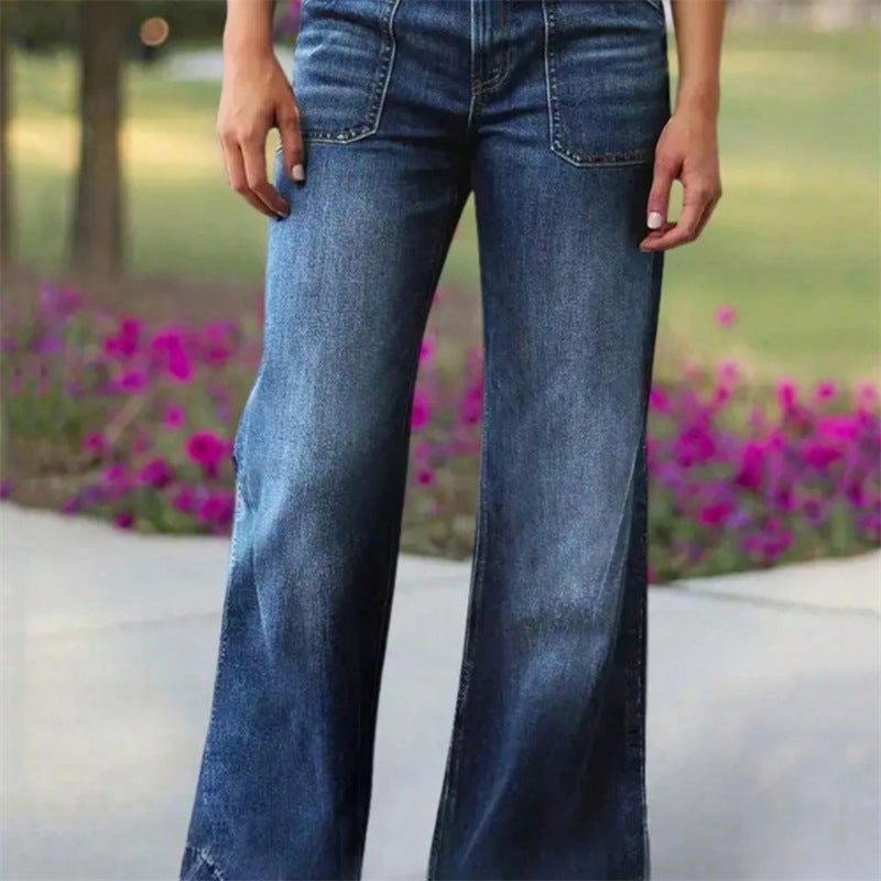 Women High-Waisted Denim Jeans with Wide Flared Legs and Patch Front Pockets Chichicherry