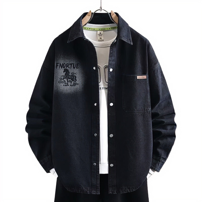 Herren Locker geschnittene Denim-Hemdenjacke mit künstlerischem Rückenprint und Overshirt-Schnitt Chichicherry