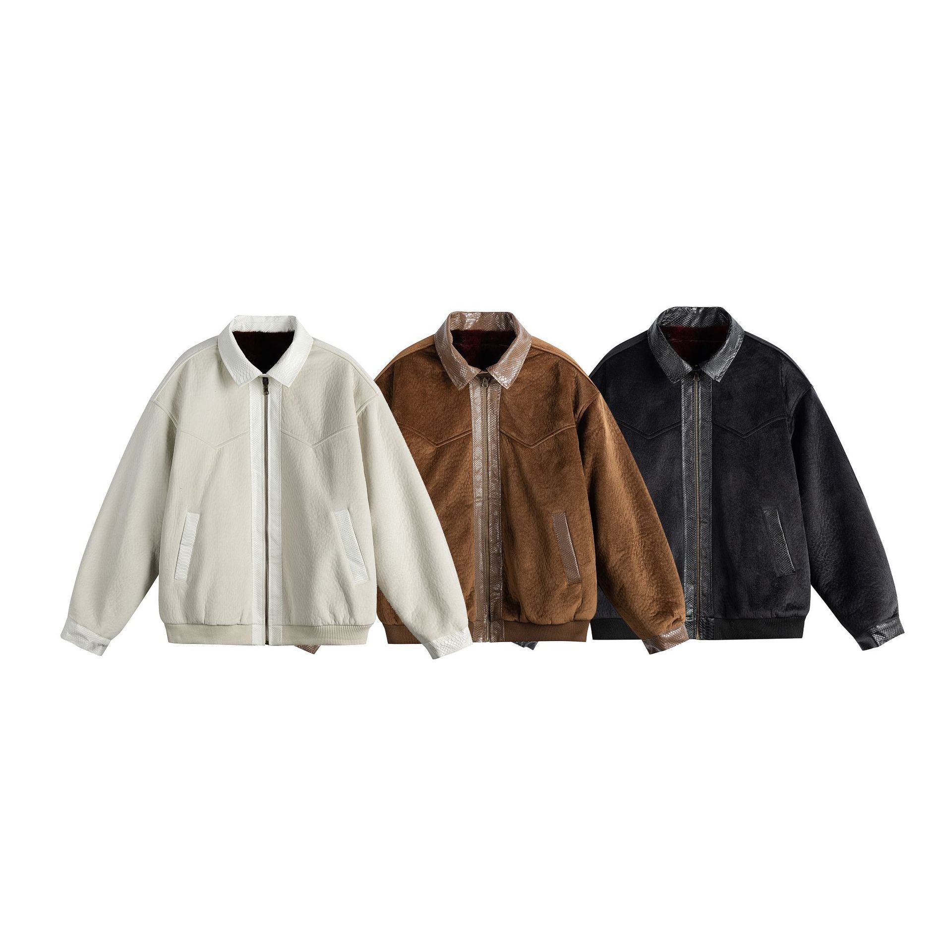 Unisex Oversize Blouson Jacket made of Velours-Suede with reptile embossed trim and warming teddy lining Chichicherry