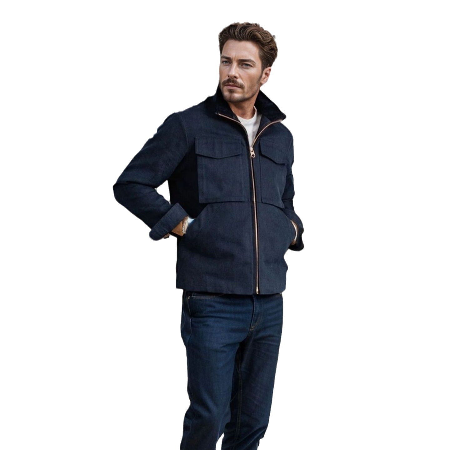Men's Short Denim Field Jacket with Stand-Up Collar, Zipper, and Applied Chest Pockets Chichicherry