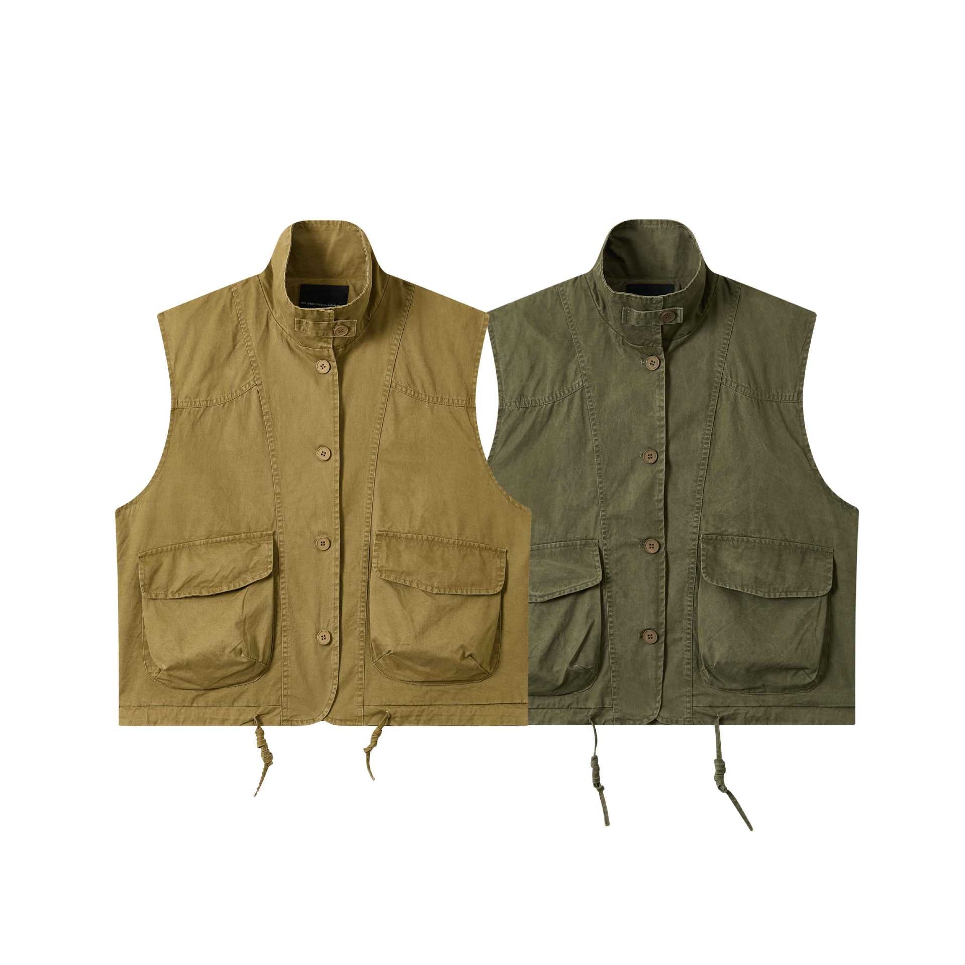 Women's utility vest with stand-up collar, large flap pockets, and drawstring Chichicherry