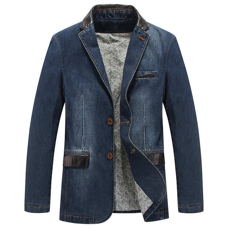 Men's Elegant Denim Blazer Style Jacket with Faux Leather Trim and Paisley Lining Chichicherry