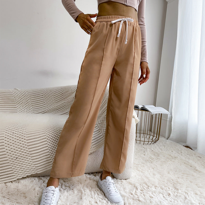 Women's Wide High-Waist Trousers with Elastic Waistband, Drawstring, and Crease Chichicherry