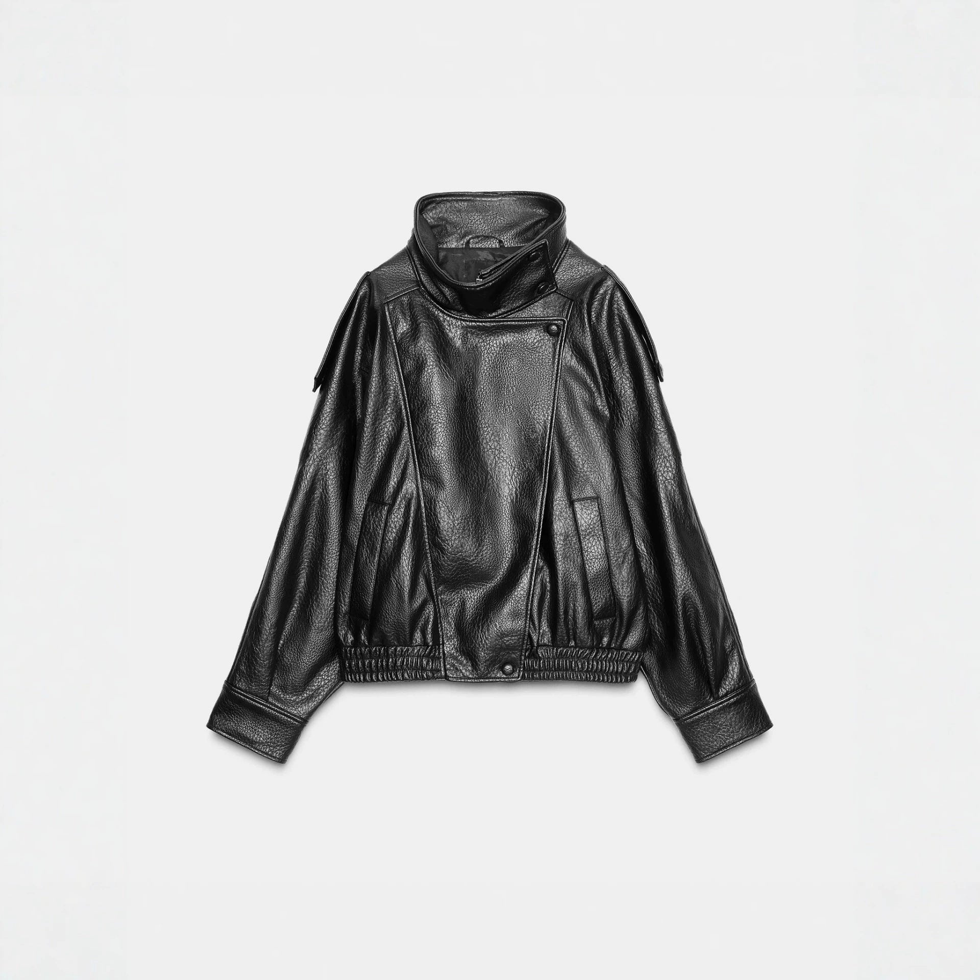 Men's short-cut leather jacket with high stand-up collar and ribbed hem Chichicherry