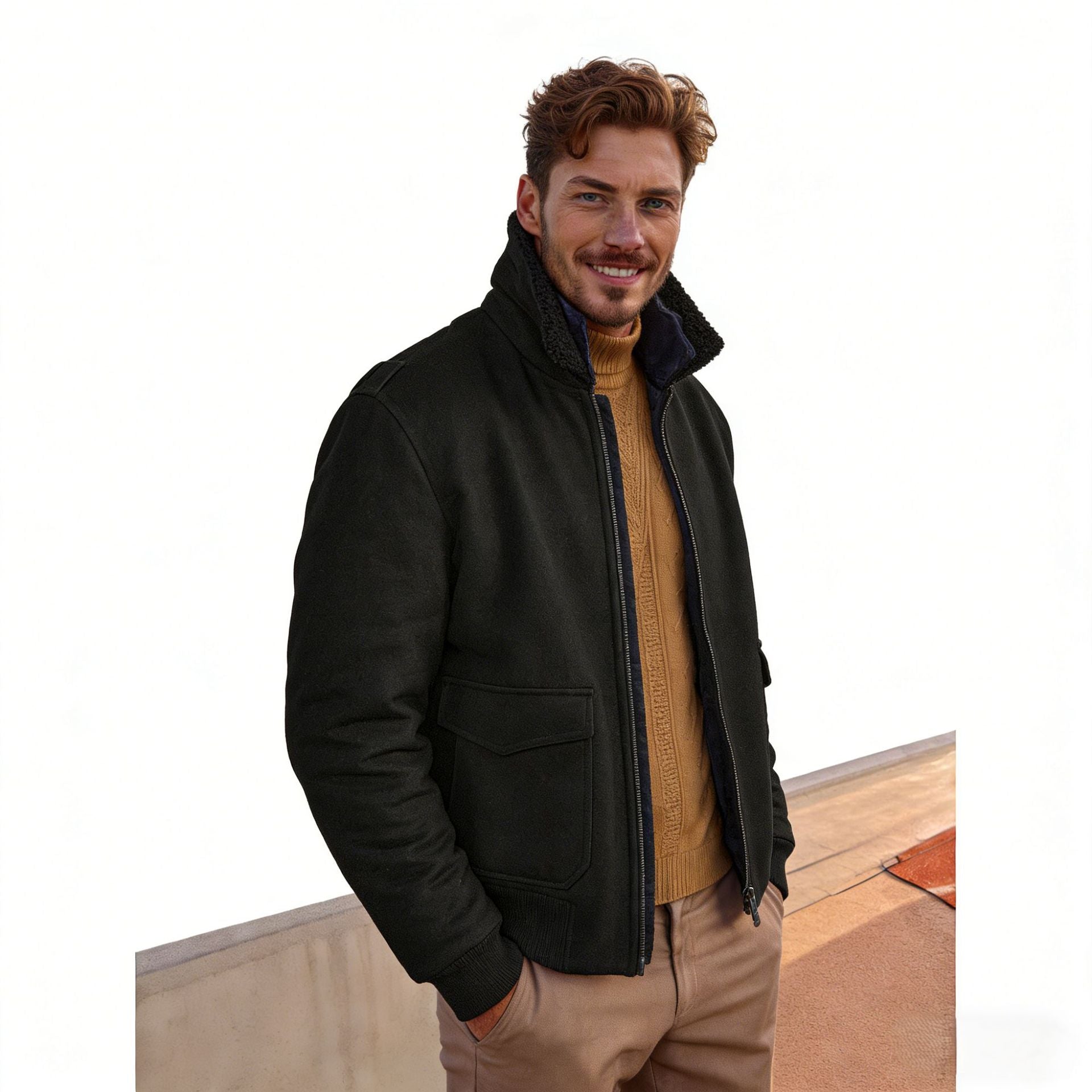 Men's Short Bomber Jacket with Teddy Collar, Cargo Flap Pockets and Zipper Chichicherry