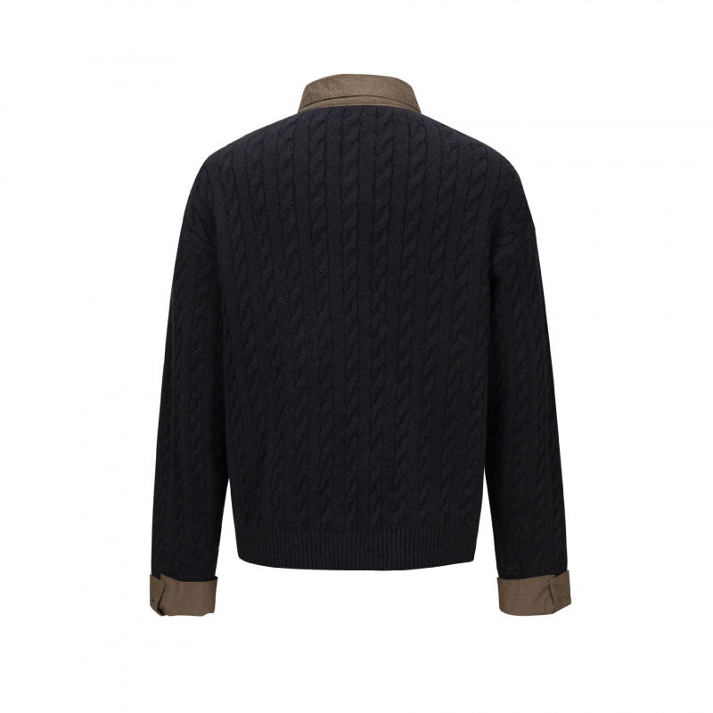Men's Structured Cable Knit Henley Sweater with Contrast Shirt Collar and Cuff Turn-ups Chichicherry