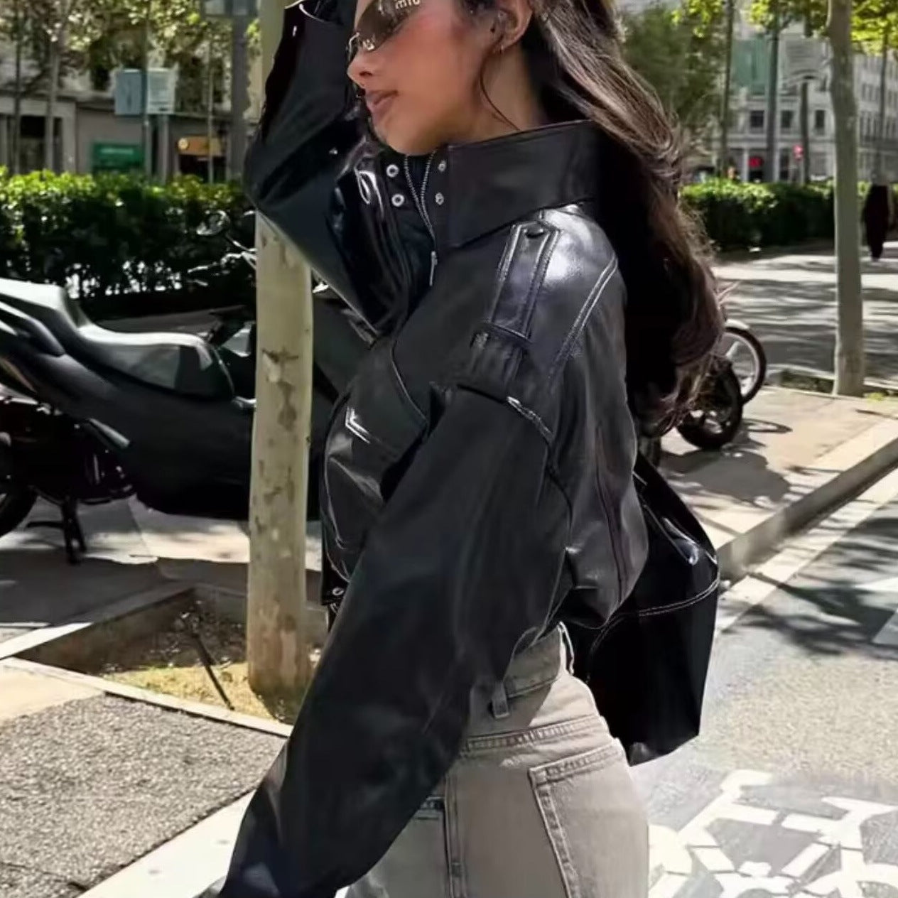 Women Short-Cut Leather Bomber with High Stand Collar, Shoulder Straps and Flap Pockets Chichicherry