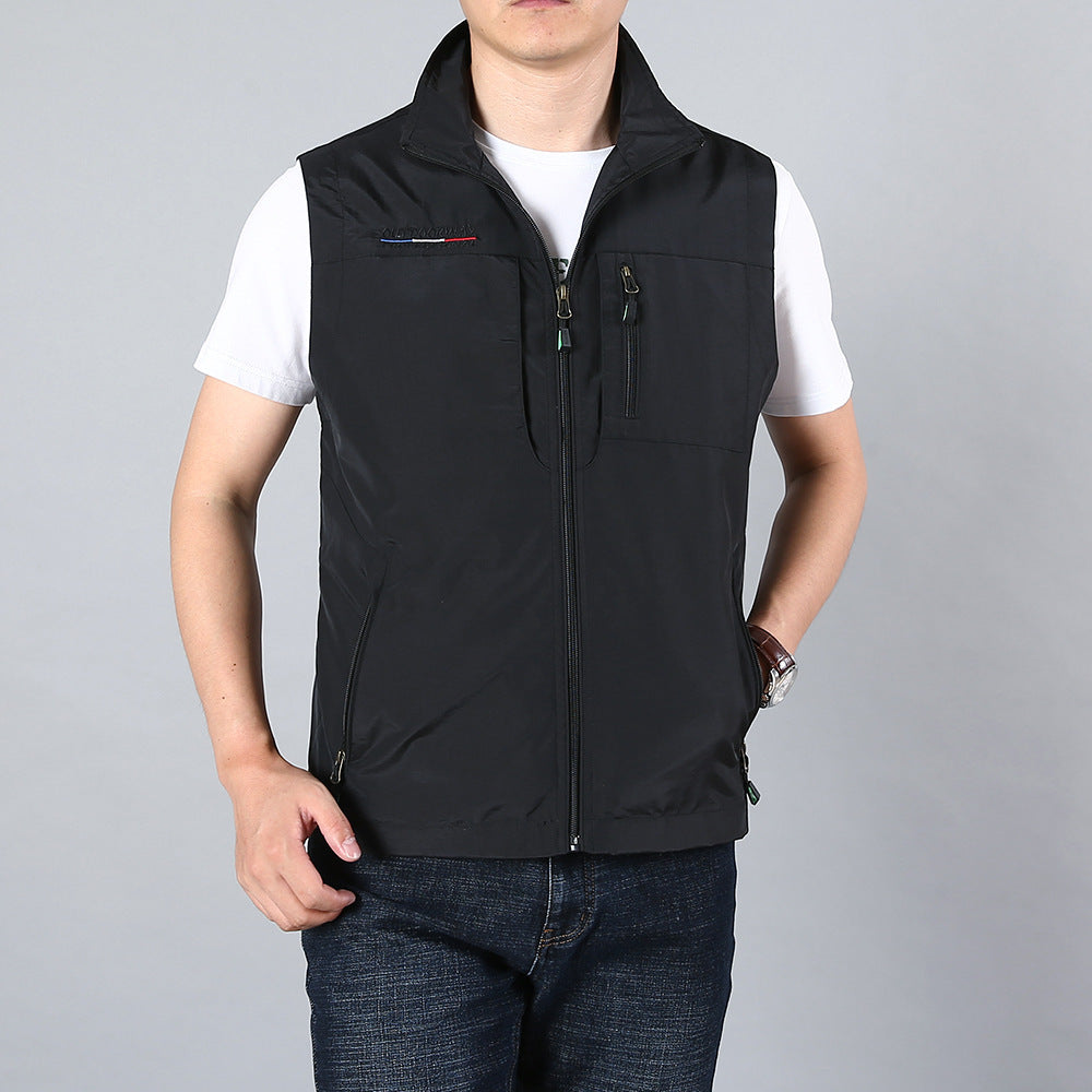 Men's Lightweight Utility Vest with Zipper Pockets and Stand Collar Chichicherry