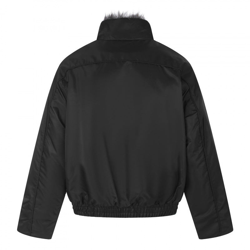 Men's short jacket in retro puffer style with high-closing faux fur collar and decorative wave quilting Chichicherry