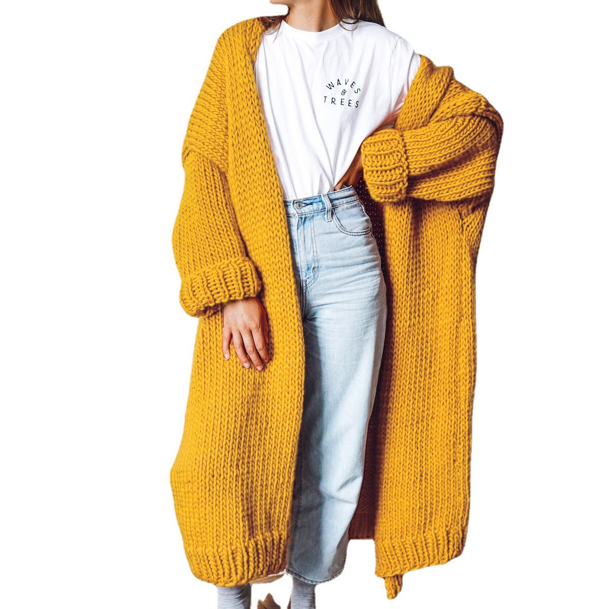 Women Oversize Maxi Chunky Knit Cardigan with Open Front and Voluminous Sleeves Chichicherry