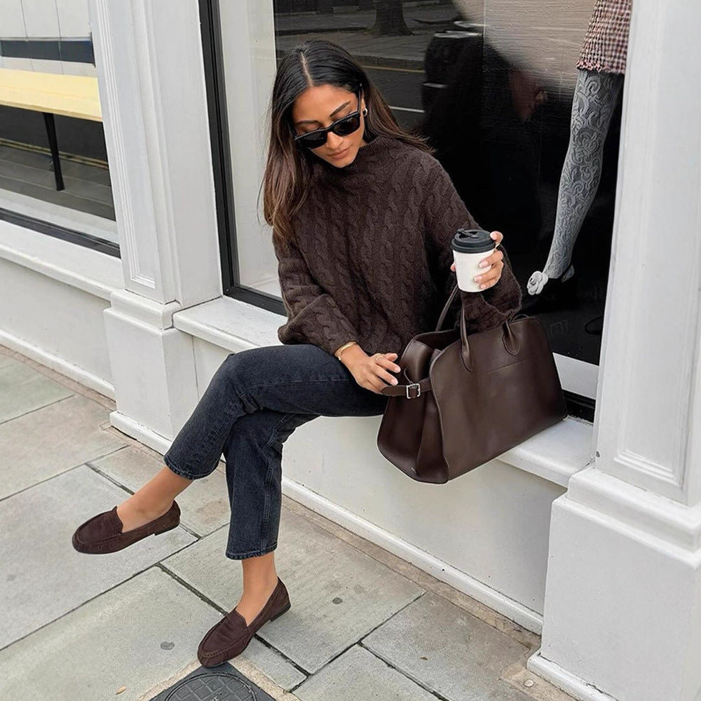 Women's Short-Cut Cable Knit Sweater with Turtleneck & Balloon Sleeves Chichicherry