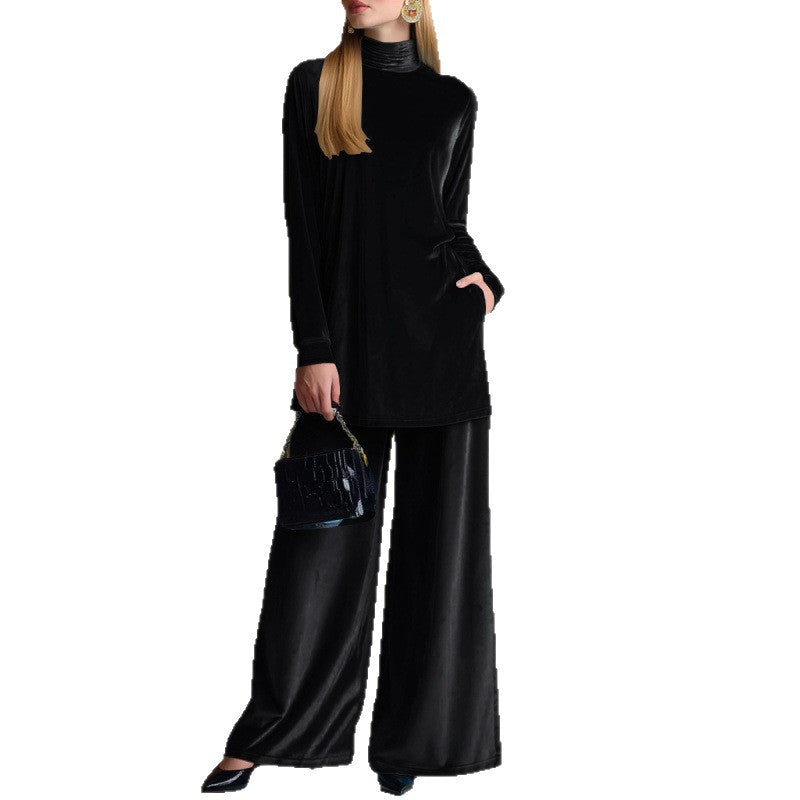 Women’s Oversized Velvet Set with Turtleneck and Wide Palazzo Pants Chichicherry