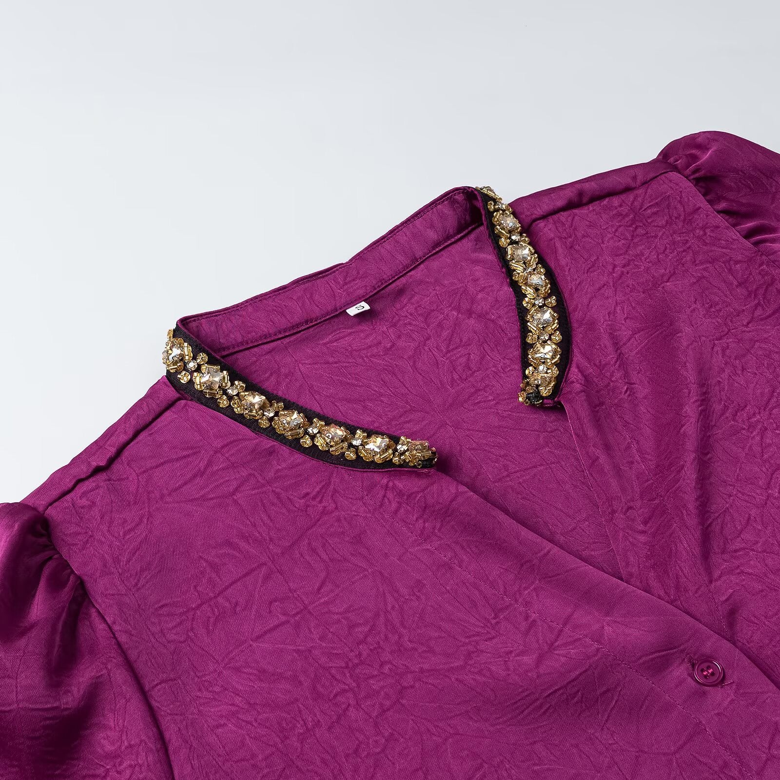 Women's Shimmering Blouse with Decorated Jewelry Collar and Gathered Balloon Sleeves Chichicherry