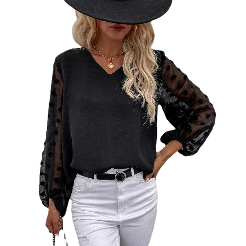 Women's chiffon blouse with sheer puff sleeves and 3D pompom details Chichicherry