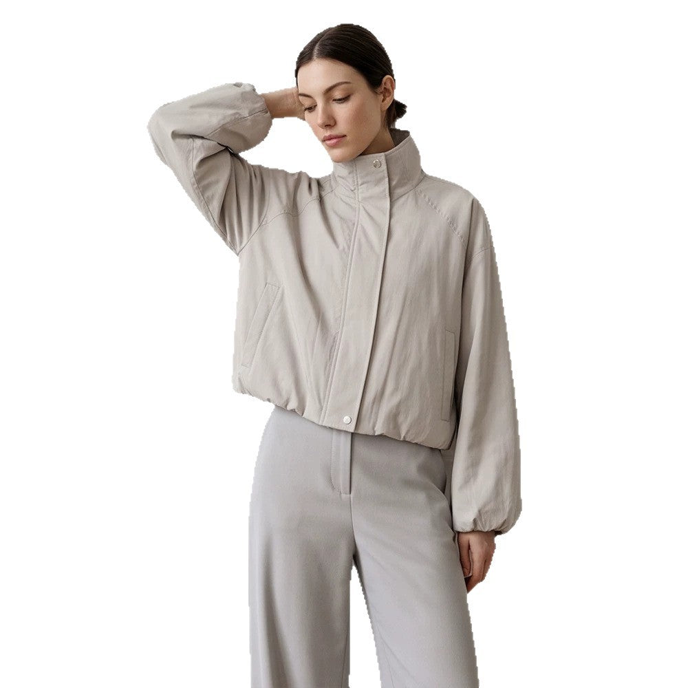 Women's Short Cut Stand Collar Bomber Jacket with Elastic Hem and Raglan Sleeves Chichicherry