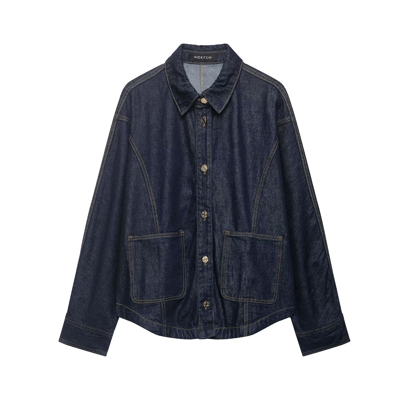 Women's Oversized Denim Jacket with Patch Pockets and Decorative Stitches Chichicherry