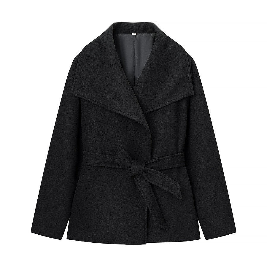 Women's Short Wrap Coat with Oversized Shawl Collar and Tie Belt Chichicherry
