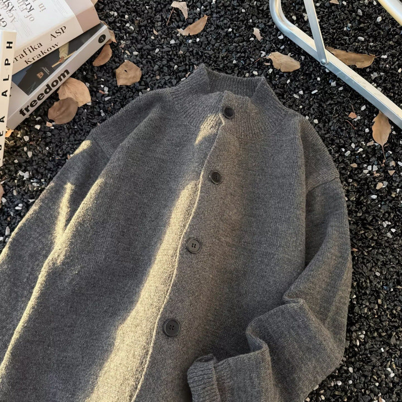 Unisex Oversized Wollmix-Cardigan mit Rundhalsausschnitt, Knopfleiste und geripptem Saum Chichicherry