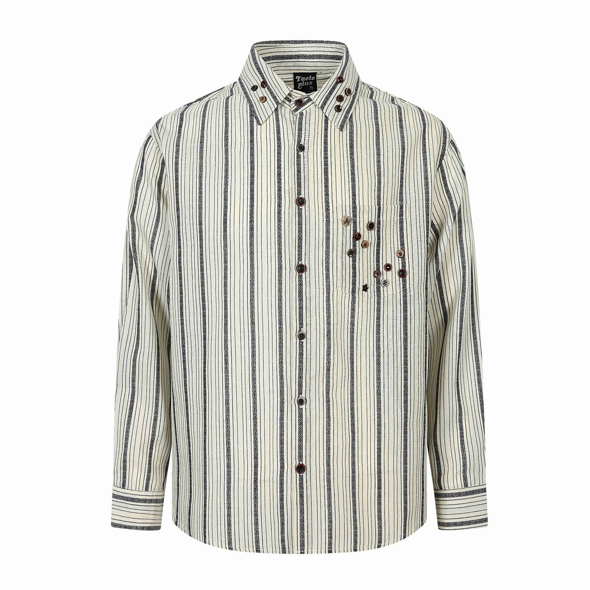 Men's Coarse Woven Long Sleeve Shirt with Vertical Stripe Pattern, Kent Collar and Decorative Button Details Chichicherry