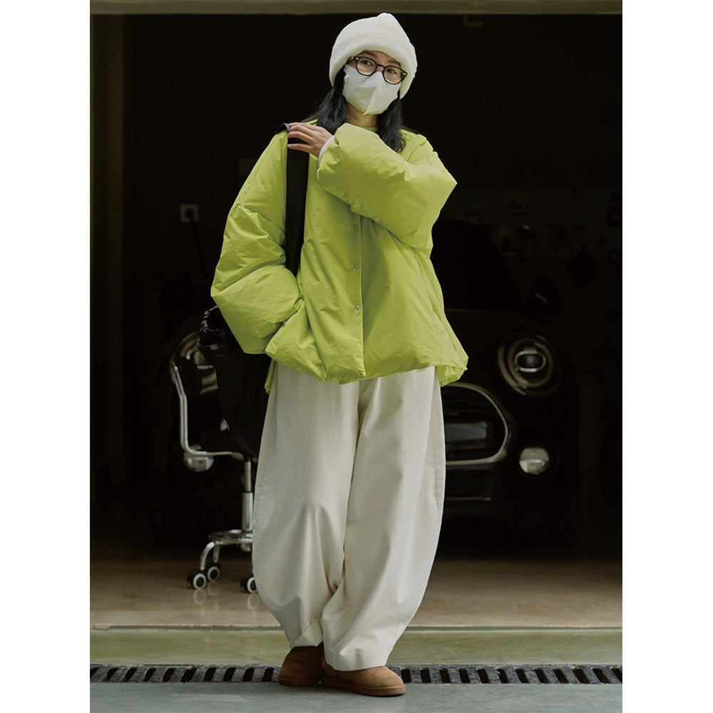 Women's oversized padded quilted jacket with round neck and snap button placket Chichicherry
