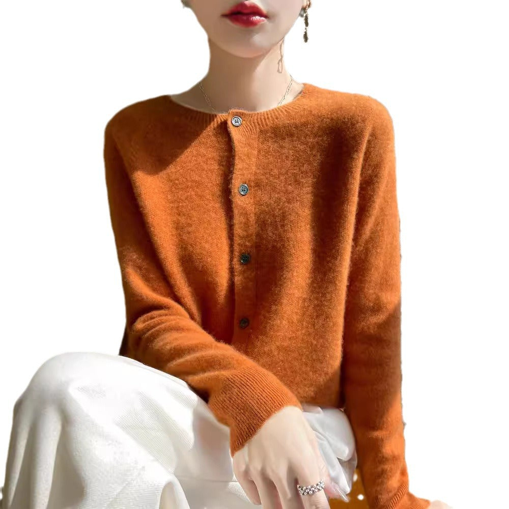 Women's Short-Cut Fine Knit Cardigan with Round Neckline and Shimmering Button Placket Chichicherry