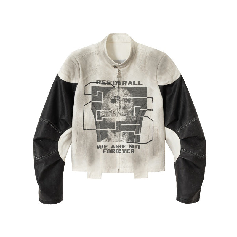Unisex Short Cut Boxy Biker Jacket in Vintage Leather Look with Graphic Skull Print and Stand-up Collar Chichicherry