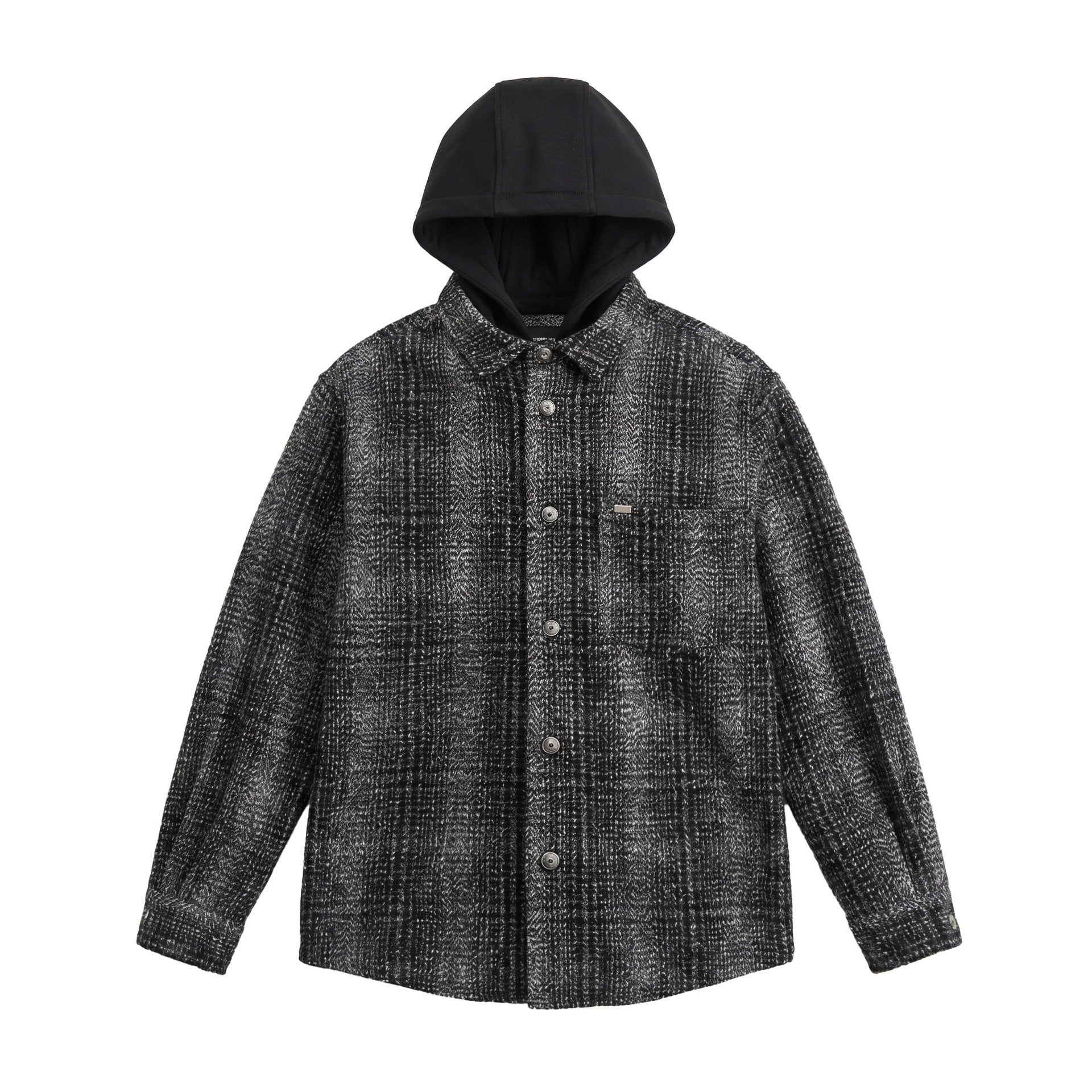 Men's Hooded Overshirt in Wool Blend with Check Pattern and Inserted Chest Pocket Chichicherry