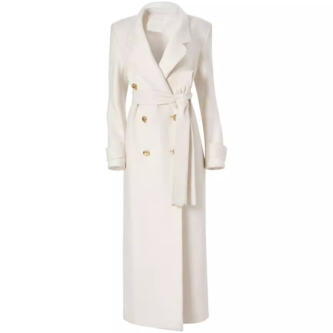 Women Long Double-Breasted Wool Coat with Waist Belt Chichicherry