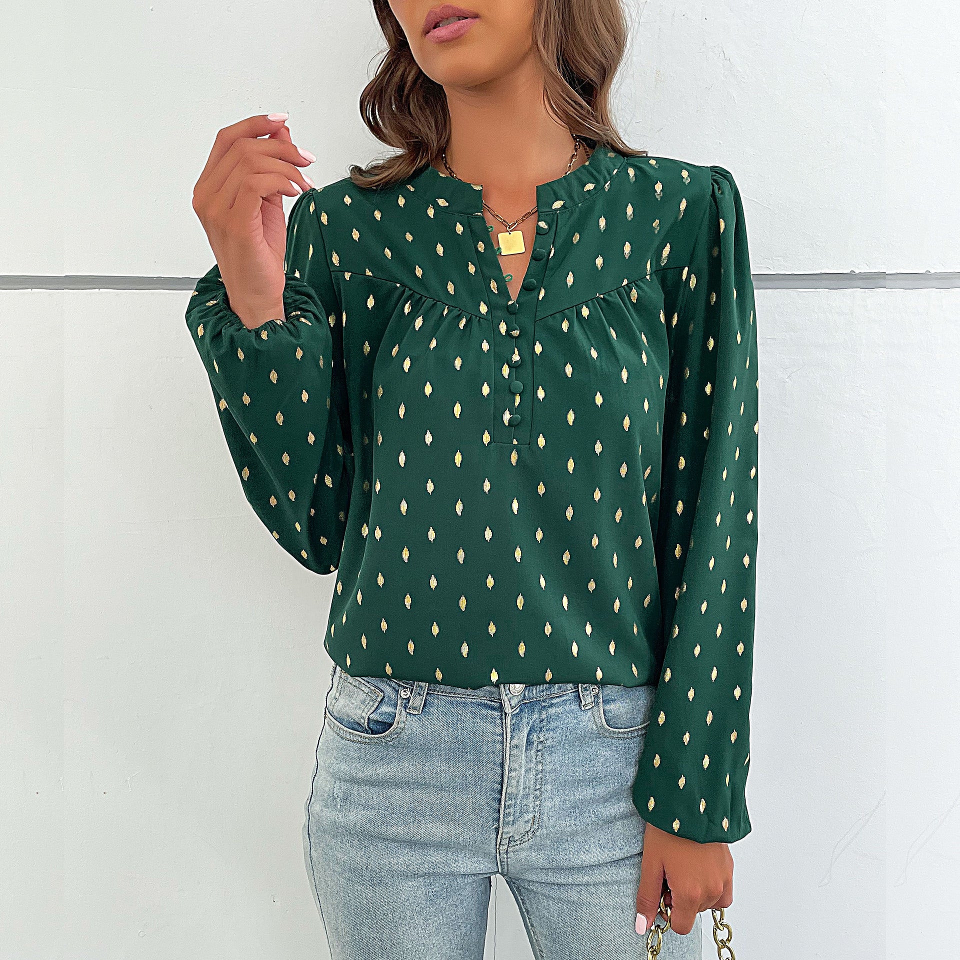 Women's Lightweight Viscose Blouse with Delicate Ikat Print, Stand Collar and Decorative Button Placket Chichicherry