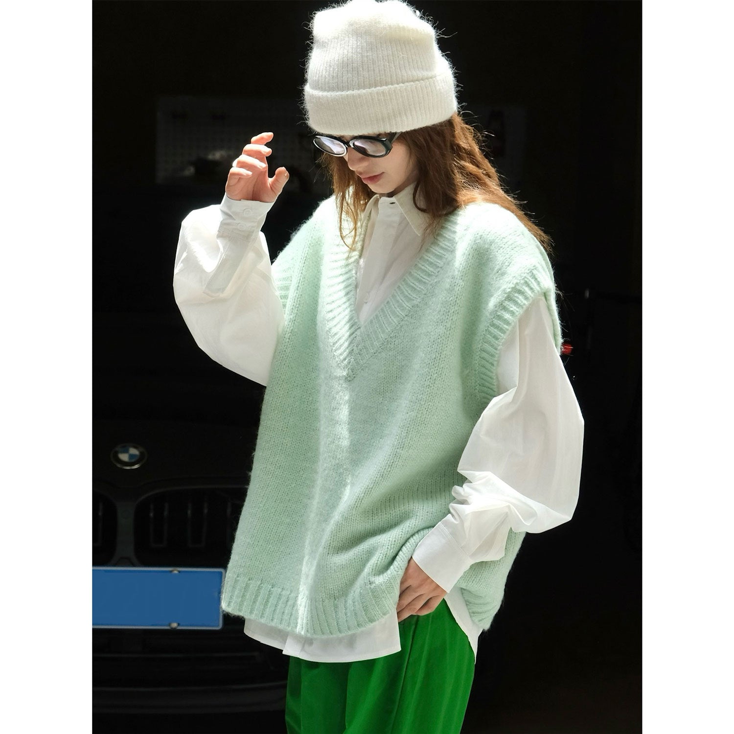 Women's Wide Fluffy V-Neck Knit Vest in Mohair Look Chichicherry