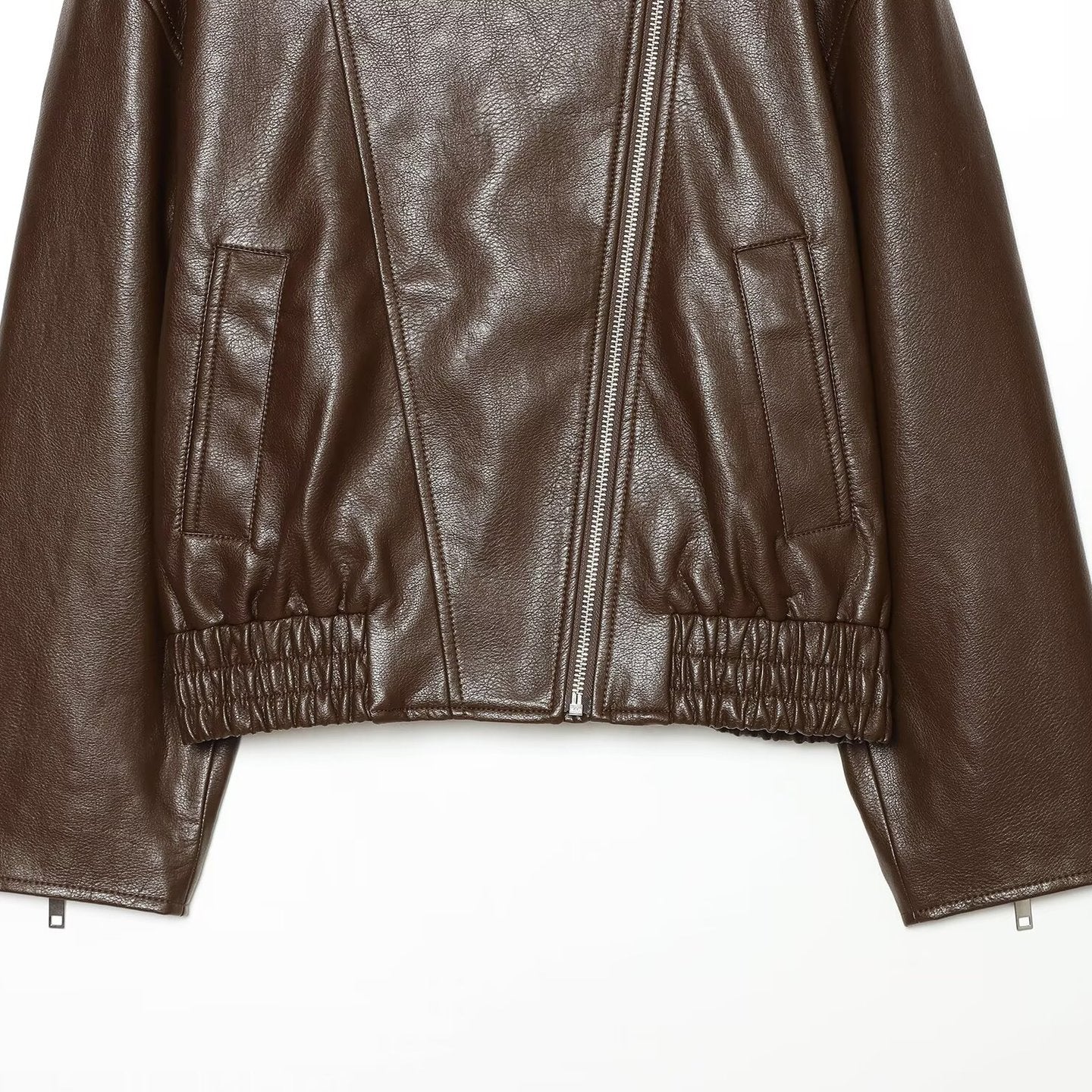 Women tailored leather-look biker jacket with high funnel collar Chichicherry