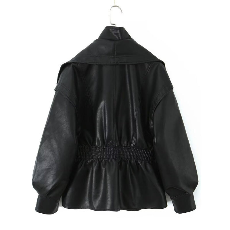 Women's Faux Leather Jacket with Wide Shawl Collar and Gathered Waistband Chichicherry
