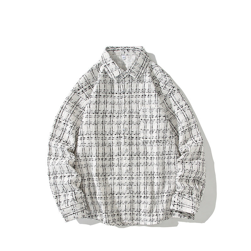 Men's Structured Boucle Shirt Jacket with Check Jacquard and Casual Fit Chichicherry