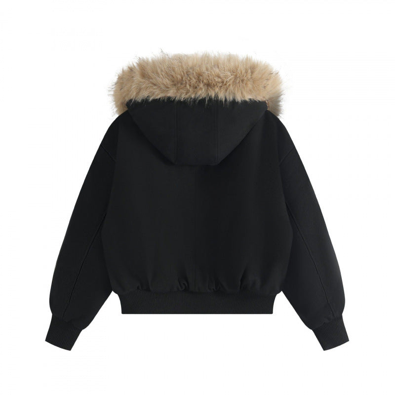 Women Short Boxy Bomber with Hood and Removable Faux Fur Trim Chichicherry