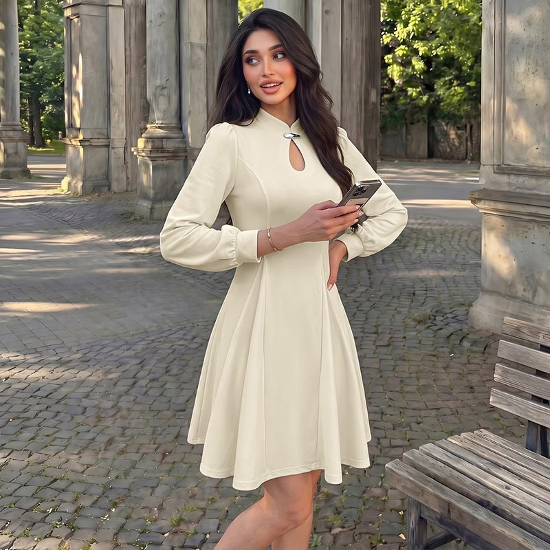 Women's elegant fitted skater dress with stand-up collar, keyhole detail & long balloon sleeves Chichicherry
