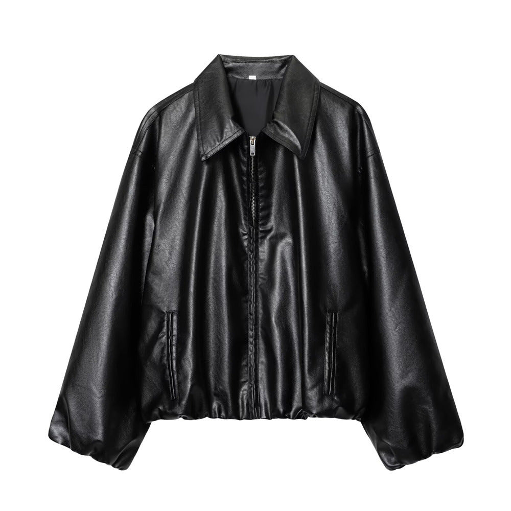 Women's short-cut oversized blouse jacket made of vegan leather with shirt collar and elastic hem Chichicherry