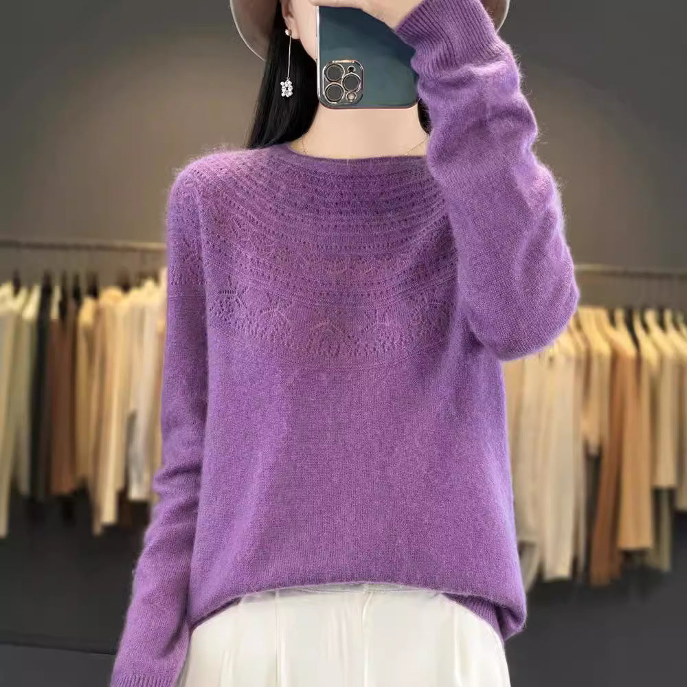 Ladies Soft Ajour-Yoke Round Neck Sweater in Cashmere-Look Fine Knit Chichicherry