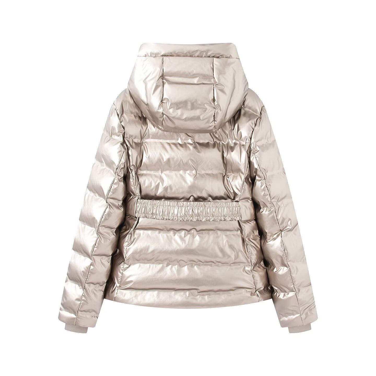 Women short cut quilted jacket with hood, fitted elastic waistband and decorative belt Chichicherry
