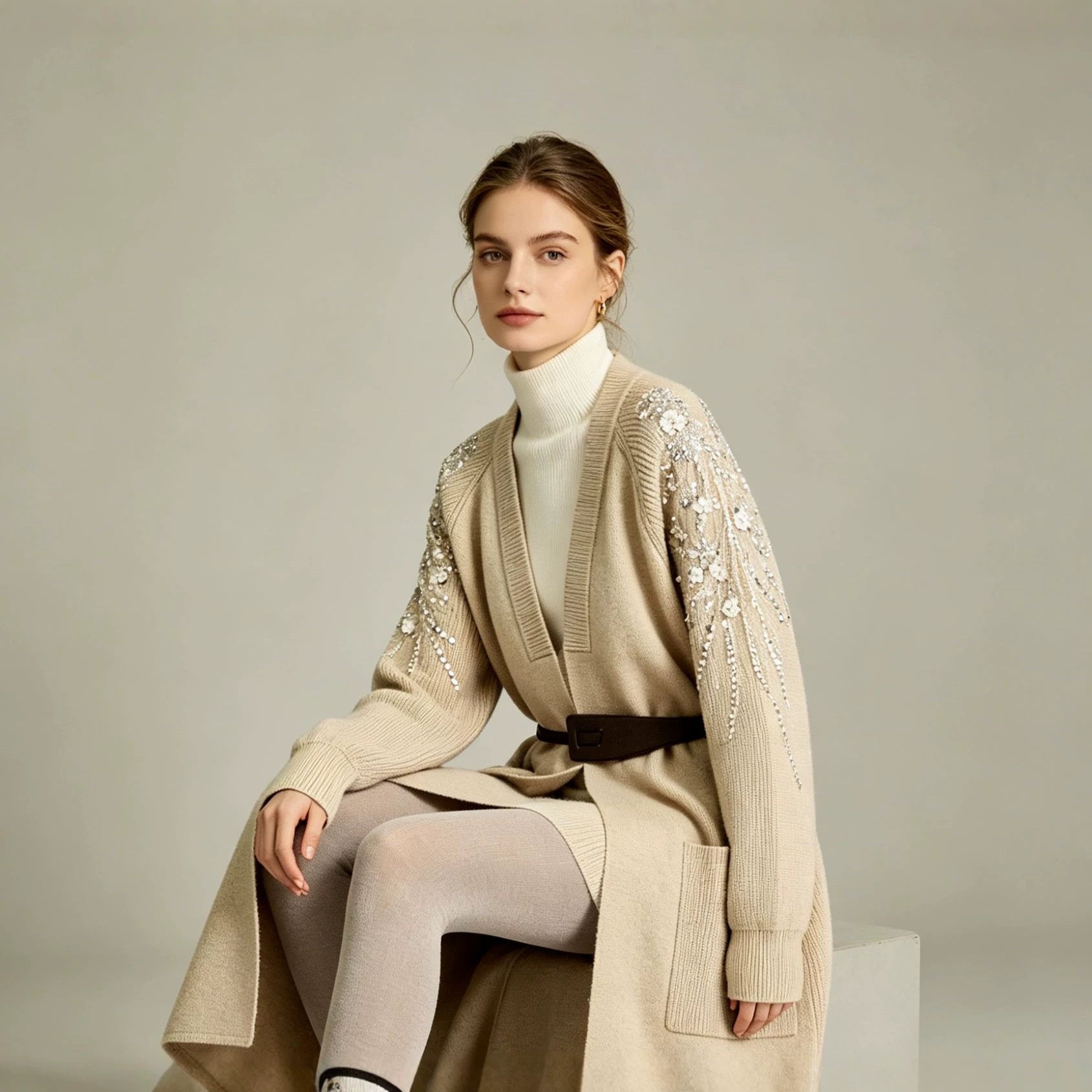 Women's Long Knitted Coat with Waist Belt and Embroidered Sleeves Chichicherry