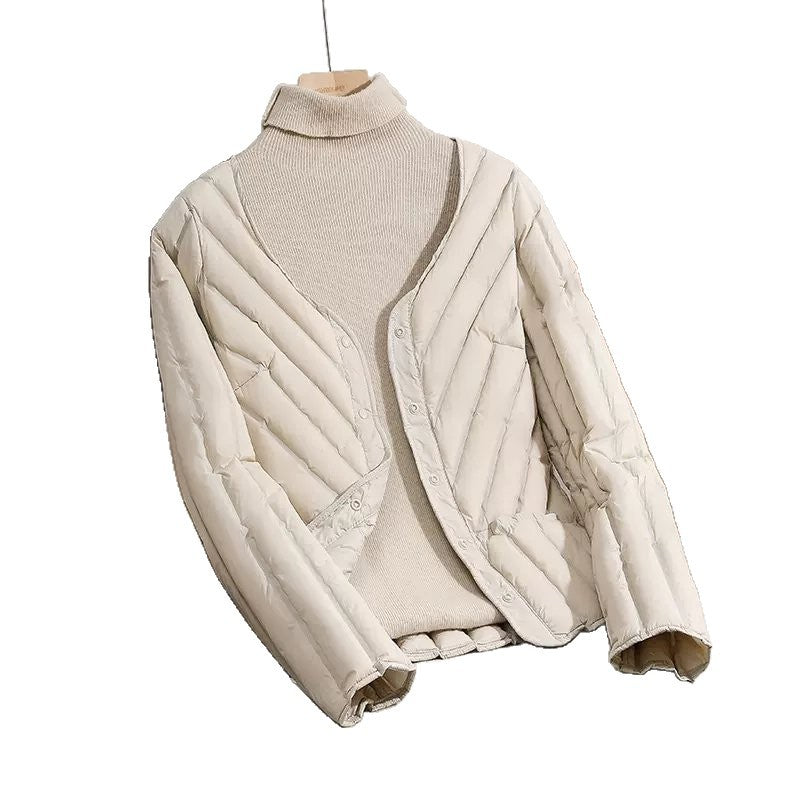 Women's Ultra-light Quilted Cardigan Jacket with V-neck and Snap Button Closure Chichicherry