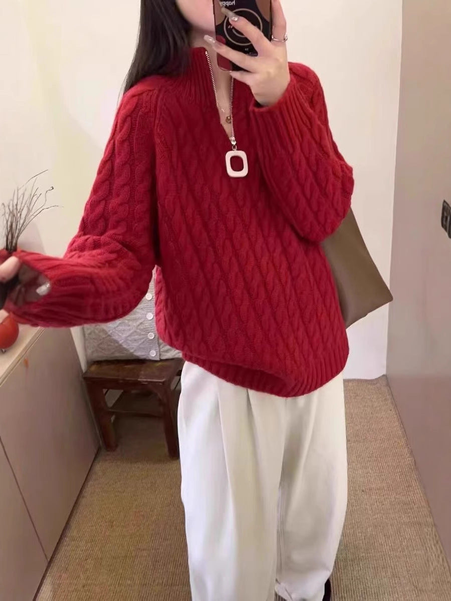Ladies Oversize Cable Pattern Fine Knit Sweater with Half Zipper and Stand-Up Collar Chichicherry