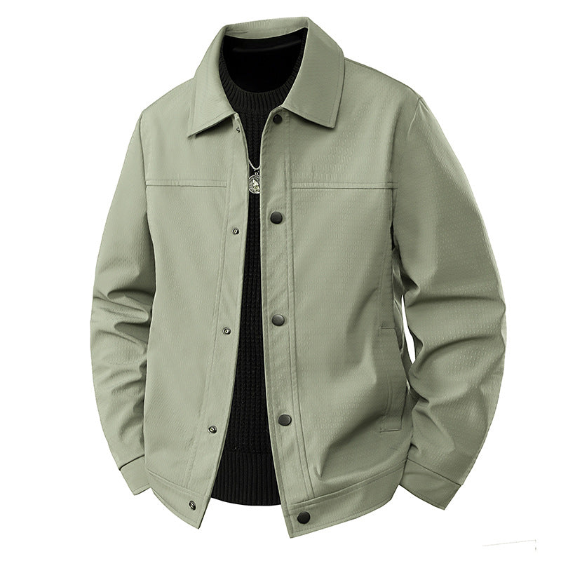 Men's Light Transitional Jacket in Worker Style with Microstructured Twill Look and Snap Button Placket Chichicherry