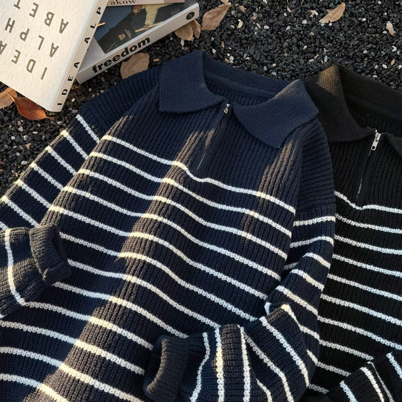 Unisex Grobgestrickter Oversize-Pullover mit halbem Reißverschluss und Polokragen Chichicherry