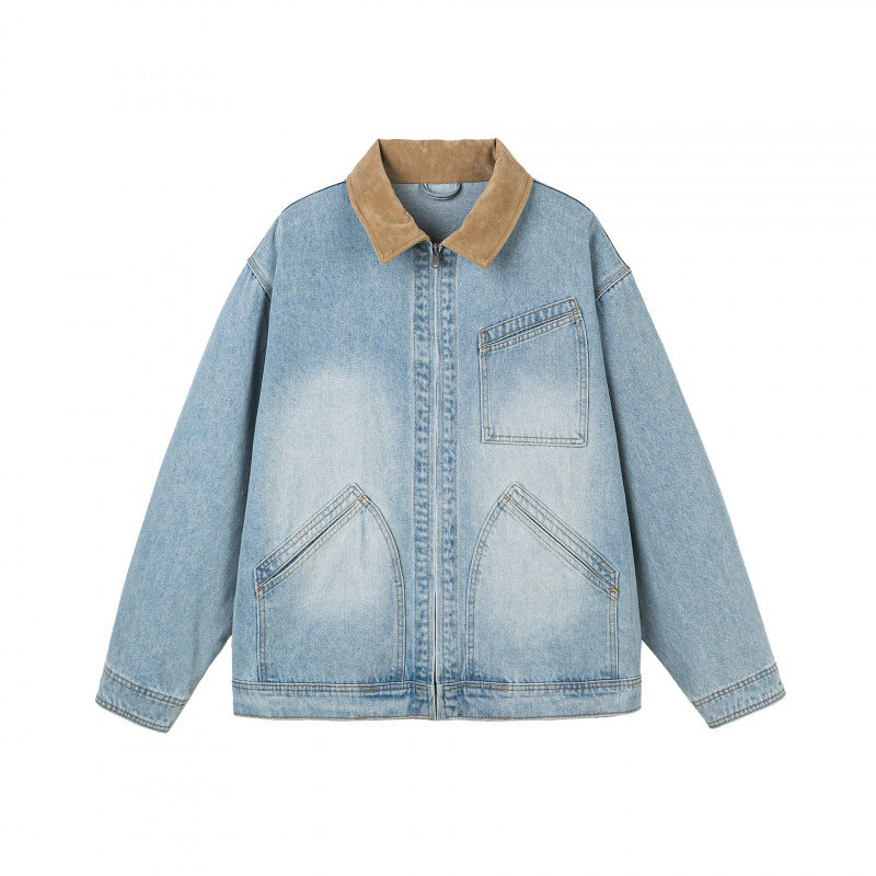 Men's Oversized Denim Jacket with Cord Collar and Diagonal Chest Pocket Detail Chichicherry