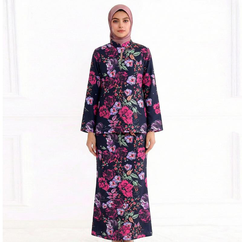 Ladies Two-Piece Modest Set consisting of Tunic with Stand-up Collar and Straight Maxi Skirt with Floral Print Chichicherry