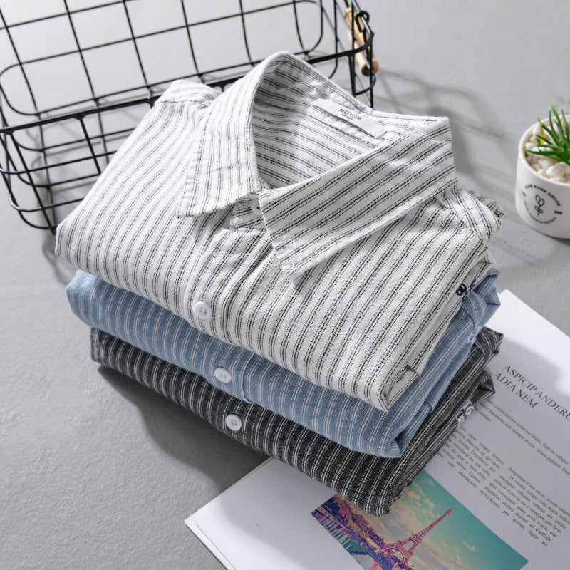 Men's Lightweight Cotton-Linen Relaxed Shirt with Fine Pinstripes, Patch Pocket and Rounded Hem Chichicherry