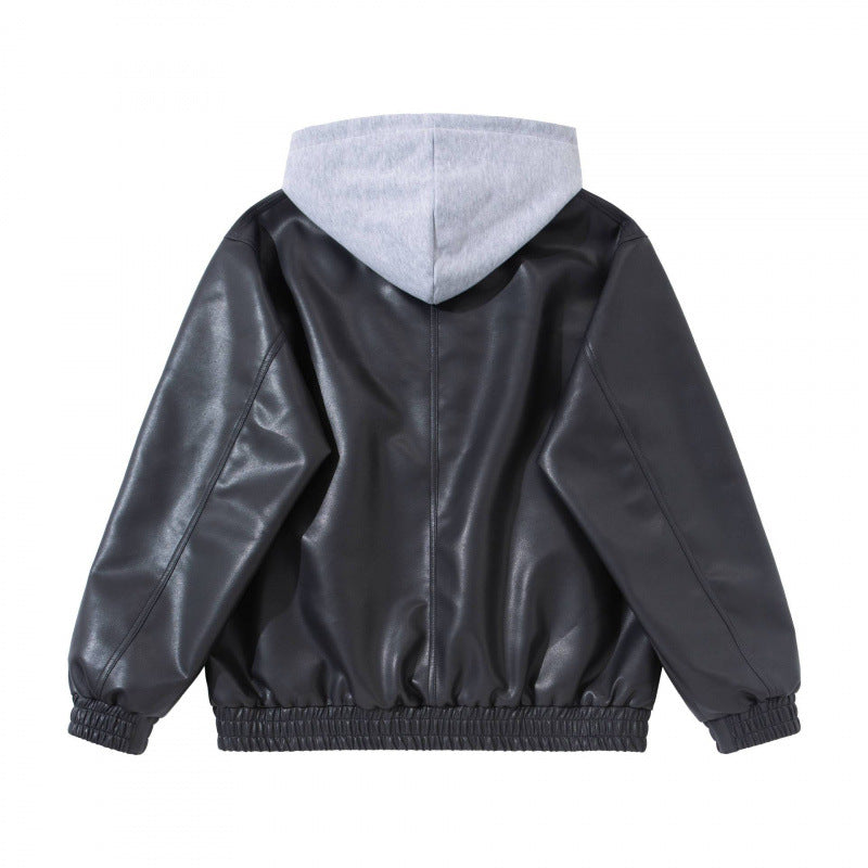 Unisex Oversize Faux Leather Bomber Jacket with Contrasting Hood, Zipper and Elastic Hem Chichicherry